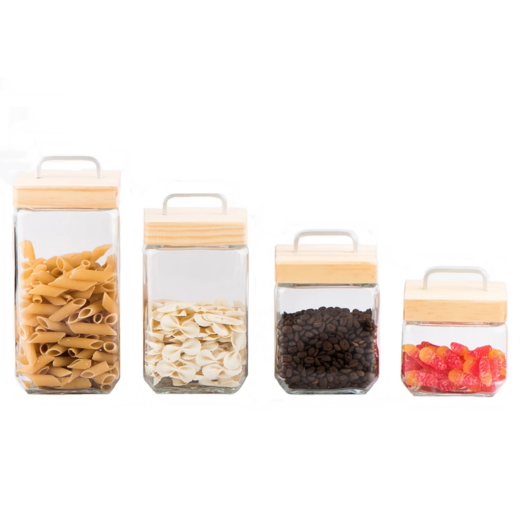 Square Glass Jar/Glass Storage Jar/Glass Food Canister/Glassware/Glass Bottle with Square Wooden Lid