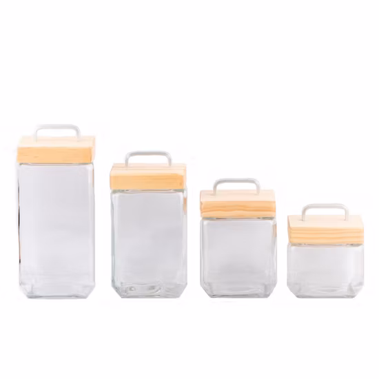 正方形のガラス瓶/ガラス瓶/ガラス食品容器/ガラス製品/木製蓋付き正方形ガラス瓶